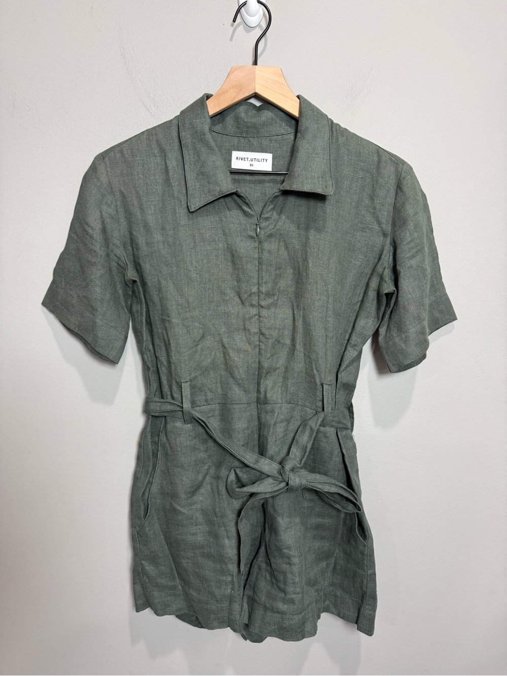 Rivet Utility Influencer Jungle Green 100% Linen Utility Romper XS